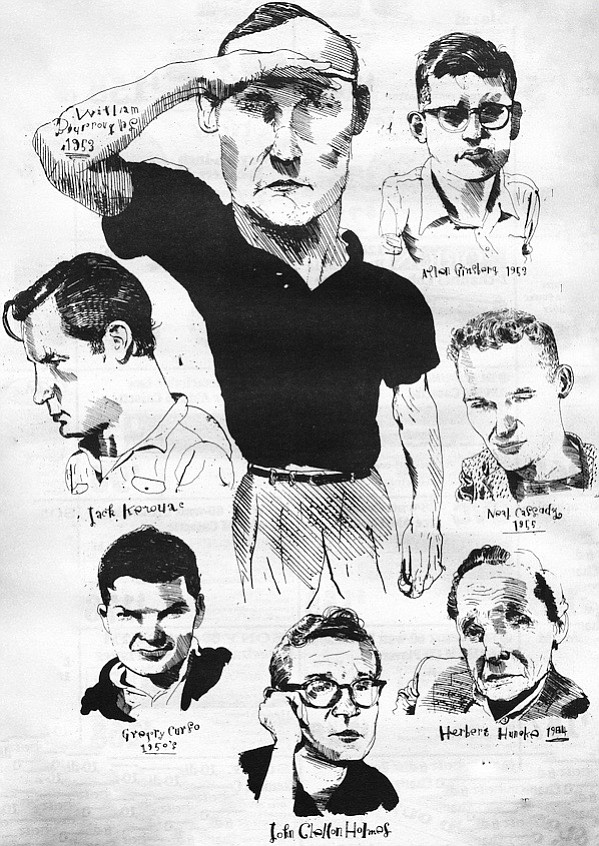 Illustration of William Burroughs, Jack Kerouac, Gregory Corso, John Clellon Holmes, Allen Ginsberg, Neal Cassady, and Herbert Huncke