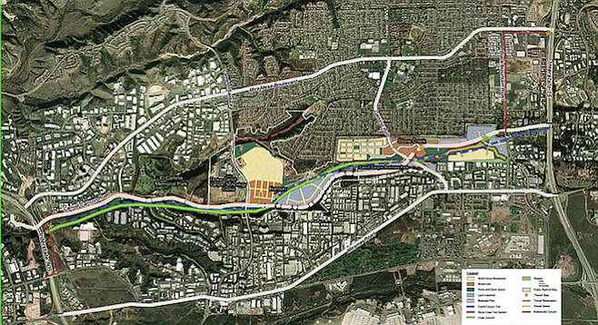 Carroll Canyon Road (gray line next to the green) will extend from I-805 to I-15.