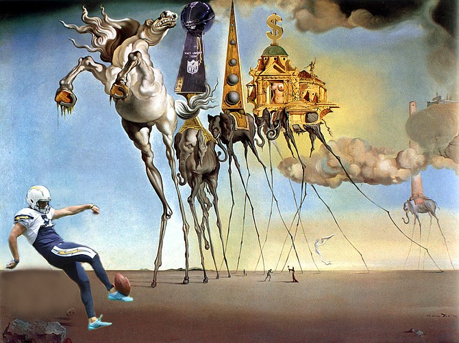 The Persistence of Futility.  Wanker: “Derivative, yes, but a masterpiece of derivation. Of course, Dali’s most famous painting is ,em>The Persistence of Memory, with its alarming melted clocks — if you’ll pardon the pun. McCoy counts on the viewer’s knowledge of that image when he references its title here, in what is clearly a variation on Dali’s terrifying religious work The Temptation of Saint Anthony. Perhaps we are meant to think of those clocks as signifying the runny nature of time, the way it slips through our fingers and runs away into a future we will not be around to witness. Sort of the way that time is running out for McCoy himself as coach of the Chargers. And why is time running away? See this painting’s title. Considering the theme. It’s hard to imagine a more perfect replacement for the desert saint who ordinarily occupies the lower right corner than rookie punter Drew Kaser, whose 17-yard(!) punt with two minutes remaining in the fourth quarter and the Chargers ahead 27-20 helped to set up the Chiefs touchdown that sent the game into overtime. And once McCoy has made that replacement, it naturally follows that he should replace the nude woman atop the lead elephant with the Lombardi Trophy — a fever dream of hot desire that is forever beckoning the team, but which remains forever out of reach. But it is  also notable that McCoy does not alter Dali's rearing horse by, say, putting a Native American warrior astride it into order to make reference to Kansas City’s team name. Rather, he leaves it as it is because, despite this heartbreaking opening loss, the chief obstacle — if you’ll pardon the pun again — to a Charger Super Bowl trophy remains the Denver Broncos. He also leaves the second elephant’s spire intact — a symbol, no doubt, of a television broadcast tower: the source of football’s popularity, and therefore its power. But he does change the angel atop the third elephant’s golden whorehouse. An angel is a symbol of the divine, but the god here is of course money, and the whorehouse is the proposed new stadium. Who is the whore? It’s hard to say, mainly because the Chargers are paying my fee for this commentary."