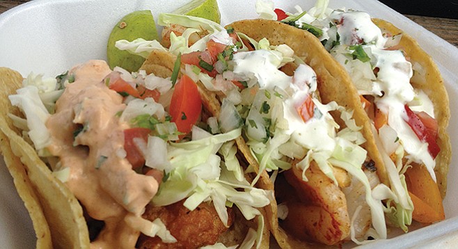 Tacos El Rorro's fish, grilled shrimp, and gobernador tacos