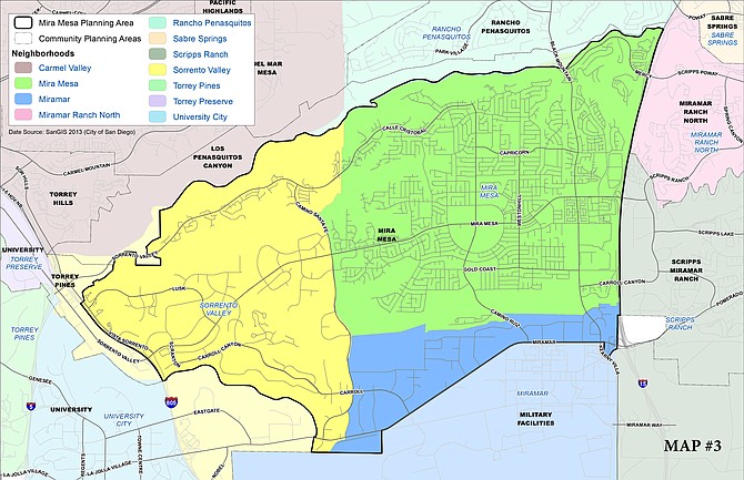 A city map shows borders of both the Mira Mesa community planning area, and neighborhood boundaries for Sorrento Valley and Miramar.