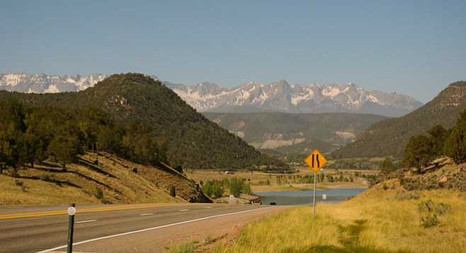En route to Ridgeway State Park ​with ​the majestic San Juan Mountain range in the background.​
