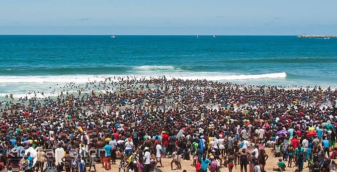 A crowded South African Beach on New Year's Day. 