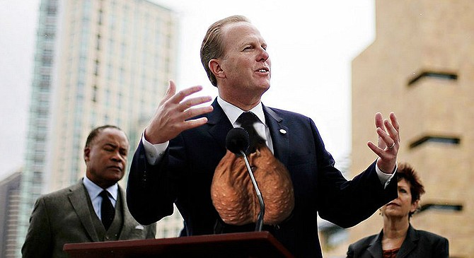 Faulconer announces his stunning reversal on Measure C. "If Spanos is the quarterback behind this whole thing, then think of me as having just sacked him,” he declared. His newly recovered testes hang from a specially built necktie. “After some discussion,” he explained, “it was determined that it would be best, for reasons of both decorum and public interest, that I not be allowed to actually reattach my junk to my body. For one thing, the memory of Mayor Filner is all too fresh in the public’s mind, and there’s no sense in risking that kind of scandal again. For another, there are still a hundred other issues that it would be better for me to steer clear of, and a working set of gonads might inspire me to fight battles I could just as easily avoid. I’ve got future political offices to think about, and taking too strong a stand as mayor might come back to haunt me. Finally, my team and I agree that it’s good right now for you all to be able to see the reason behind my change of stance, as it were."