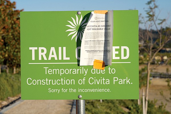 “Save Civita” flyer posted on walking trail closure sign - Image by Andy Boyd