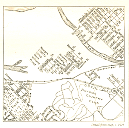 Map, 1923.  During the land boom of the mid-’20s, some speculators renamed the golf course the Bayside Country Club and proposed to build a surrounding development of posh homes.