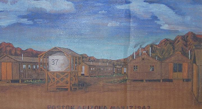 Poston internment camp, 1942 — painted by intern on cardboard.