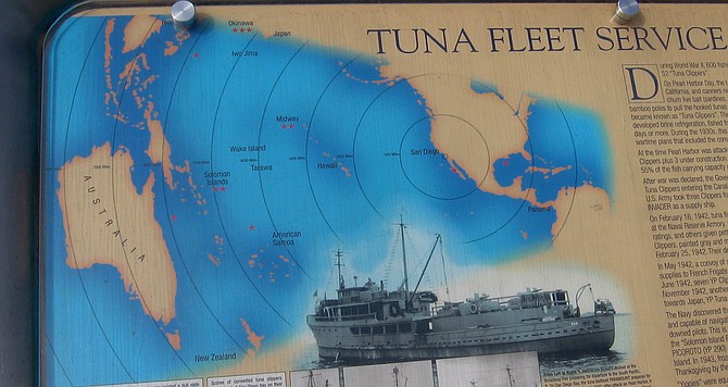 Sign at Tuna Harbor showing WWII tuna fleet.
