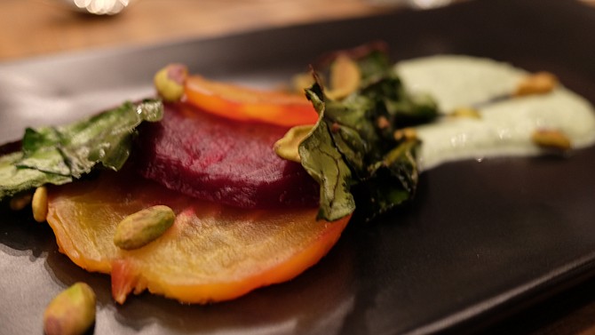 Beets, pistachios and green goddess dressing highlight the salad course at culinary hedonism. 