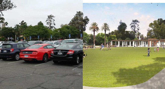 Before: parking lot behind organ pavilion; after (?): green space atop underground parking structure