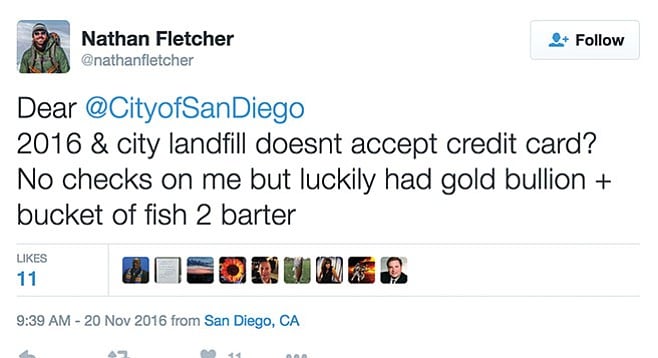 Nathan Fletcher tweets gripe about landfill not accepting credit cards