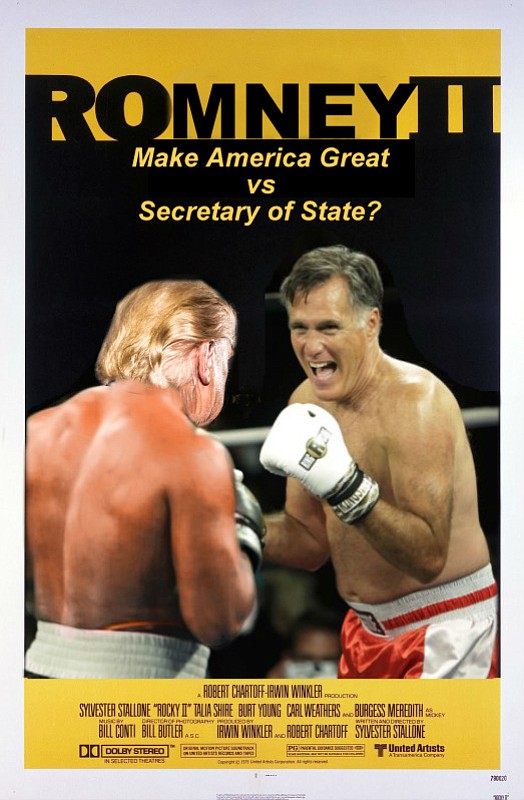Ladies and Gentlemen, it’s the rematch of the century! Mitt “The Gentleman Governor” Romney, the La Jolla Lightning Bolt, The 47% Solution, Old Sobersides, The Mormon Manhandler, will once again face off against Donald “The Donald” Trump, the Pounding President-Elect, the Tower of Power, El Gropo, the Terror of Twitter! Everyone said The Donald was done with Romney, that his resounding victory in their campaign clash was a all the victory a novice politician could hope for against such a polished pro. But Romney kept up his offensive outside the ring, sounding off again and again about the Champ’s unfitness, until “The Orange George Foreman” could stand it no more! It’s the supersequel you didn’t know you needed to see!