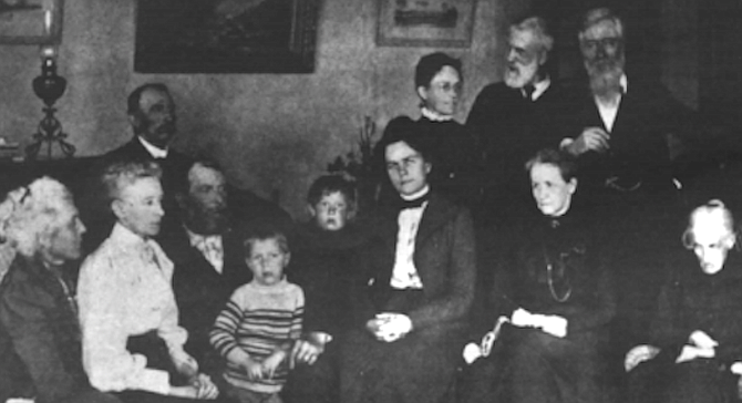 Family portrait, circa 1915. Front row: E. Virginia Scripps, Ellen Browning Scripps, E.W. Scripps, sons Robert and John, Nackie Scripps (Mrs. E.W. Scripps), Mrs. James Scripps, E.W.’s mother, Judith Osborne. Back row: Fred Scripps, Mrs. Willam Scripps, William Scripps, James E. Scripps.