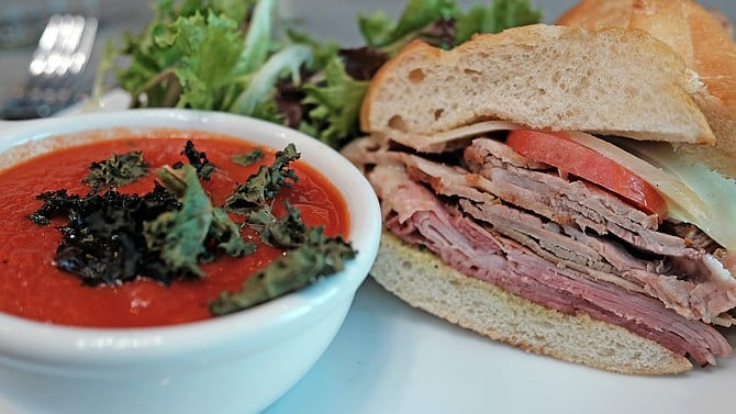 Two kinds of pork offer differing flavor profiles that work well together in a Cubano, seen here with tomato soup