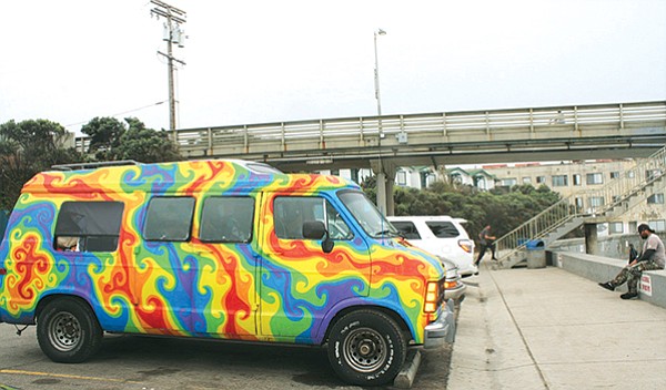 The rainbow van, parked just north of the Ocean Beach Pier.