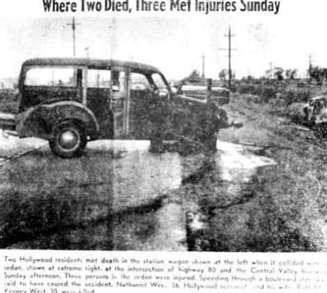 Story published in Imperial Valley News. The small massing crowd staring at the wreck probably has not read Nathanael West, but they are looking at him and his wife.
