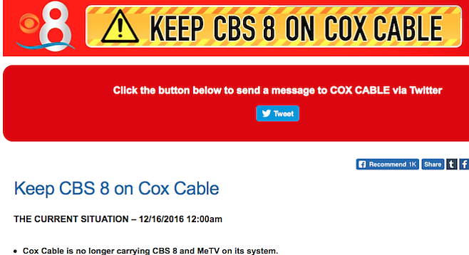 "Cox Cable is no longer carrying CBS 8"? Or CBS 8 isn't allowing retransmission until their demand is met?