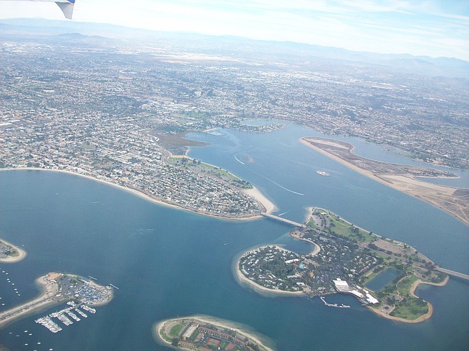 Mission Bay from a plane flying north.
