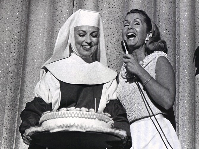Celebrating Agnes Moorehead's birthday on the set of The Singing Nun (1966).