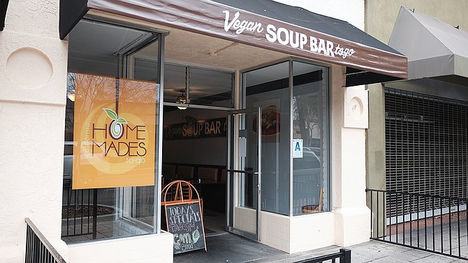 The vegan soup sign is there to catch your attention. The place is actually called California Homemades.