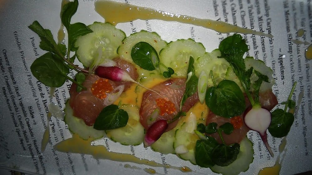 of yellowtail with cucumber, watercress, and uni-yuzu sauce