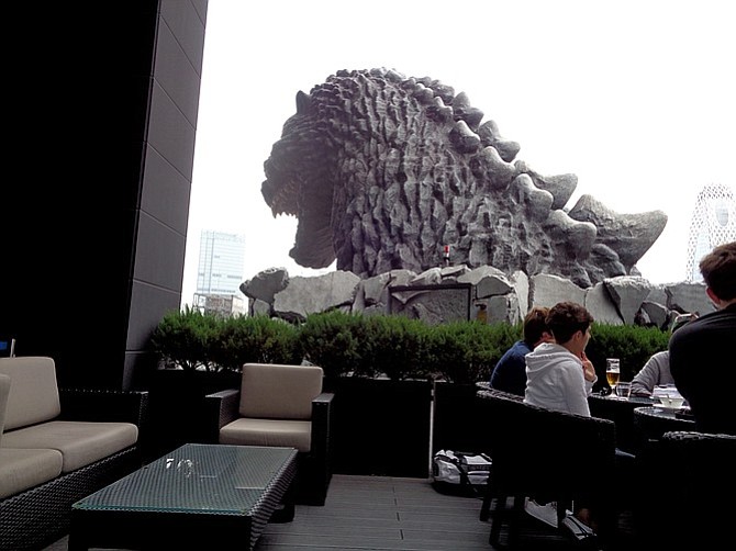 A view of Godzilla from the Hotel Gracery cafe in Shinjuku.