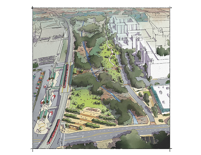 Rendering shows view of the new Town and Country Public Park and restored San Diego River, looking east. The transit/trolley station is on the left.