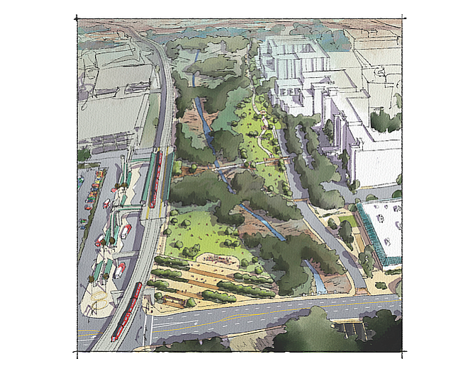 Rendering shows view of the new Town and Country public park and restored San Diego River, looking east. The transit/trolley station is on the left.