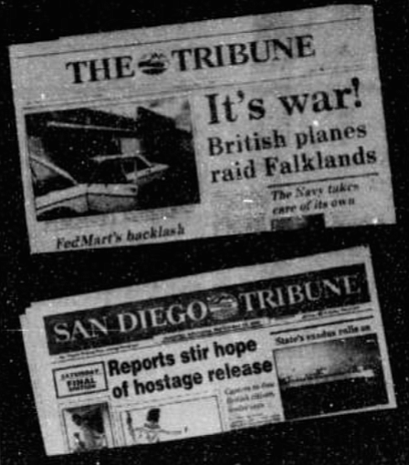 1981-1991: The 1980s brought a spiffy new logo for the paper, which dropped the Sun and Journal credits and shortened its name to The Tribune. In 1989 it became the San Diego Tribune.