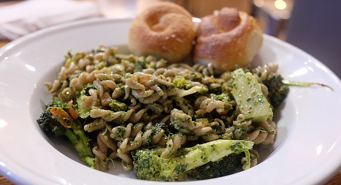 Pesto with diced tomatoes and broccoli. You can choose two or three vegetables to add to each dish. 