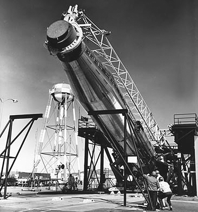 Atlas rocket raised into firing position, Convair, 1959