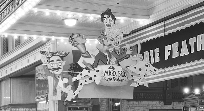 Lobby art heralds the Kentucky Theatre premiere of the Marx Bros. in Horse Feathers.