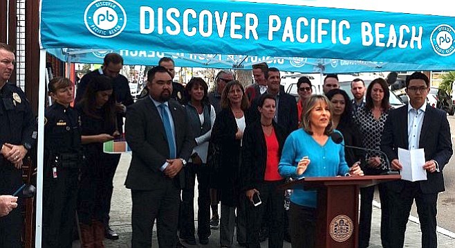 Councilmember Lorie Zapf and Pacific Beach business owners at the launch of Discover PB's new Clean and Safe program on February 3, 2017. Zapf: "I started getting a lot of complaints about the rise in aggressive transients."