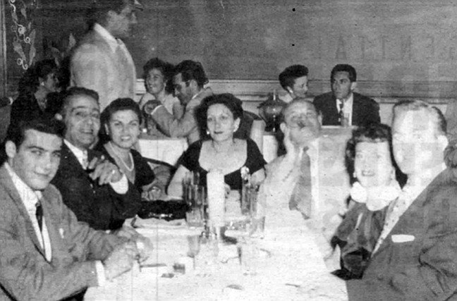 At Tops in 1948: second from left, Momo Adamo, Marie Adamo, Thelma Bompensiero, Frank Bompensiero, Mary Ann. Mary Ann said, “Marie flirted so much with my father.  My mother [Thelma] would say to my father, ‘If anything ever happens to me, Marie is going to come after you.’ ” 