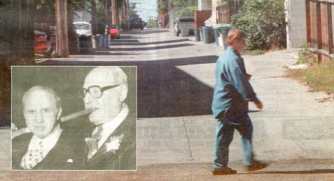 Mickey Cohen, Frank Bompensiero (inset photo); Alley off Lamont St., south of Grand Ave. where Bompensiero was shot and killed. - Image by Sandy Huffaker, Jr.