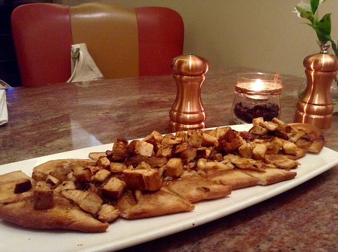 The gals agree to get the flatbread du jour: smoked chicken.