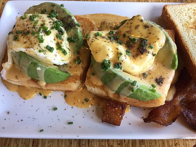 The avocado Benedict has a hollandaise sauce made with burnt caramel. The sauce is also on the sea-salted potatoes.