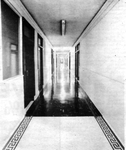Hallway on an office floor of the Spreckels. Most of the offices have solid-concrete closet safes, with combination-lock steel doors.