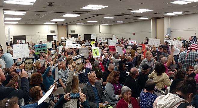 A crowd packed into a Vista community center on February 21, 2017 for a health care town hall Rep. Darrell Issa declined to attend