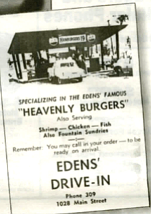 Edens Drive-in flyer.  Daddy designed it. The blue beauty of his blueprints laid out on the dining room table.  Construction was started in the spring of 1955. All summer we made trips back and forth to L.A.. checking out the hamburger stands. 