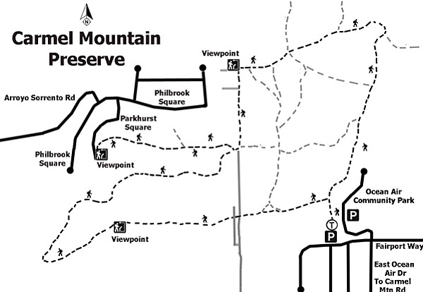 Map of hiking trials within Carmel Mountain Preserve 