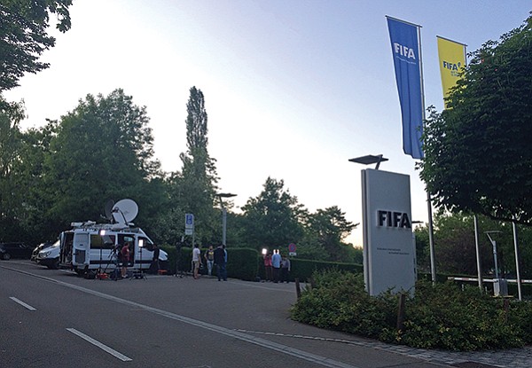 Media in front of FIFA headquarters for corruption case, 2016.