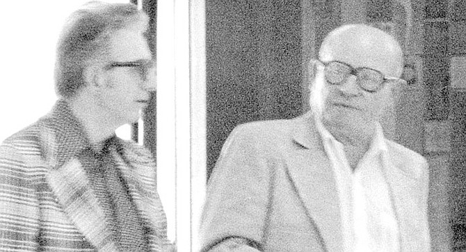 FBI surveillance photo of Jimmy Fratianno (left) and Frank Bompensiero. He started walking south, on Lamont, from Thomas Avenue. He soon arrived, only feet away from the tall picket fence. This would be the fence behind which his assailant was hiding. 