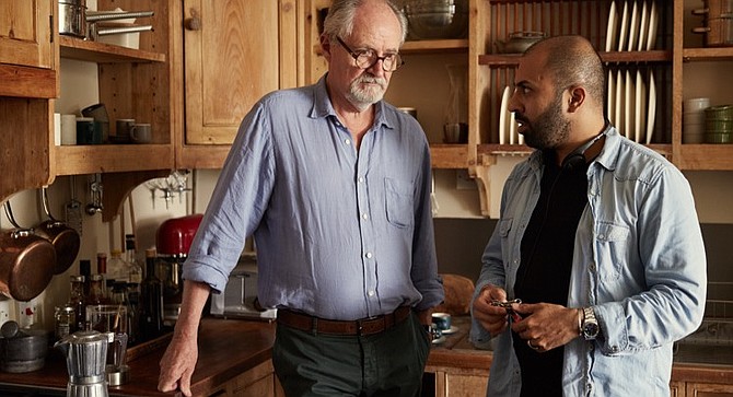 Sense of an Ending star Jim Broadbent (left) listens to director Ritesh Batra on the set