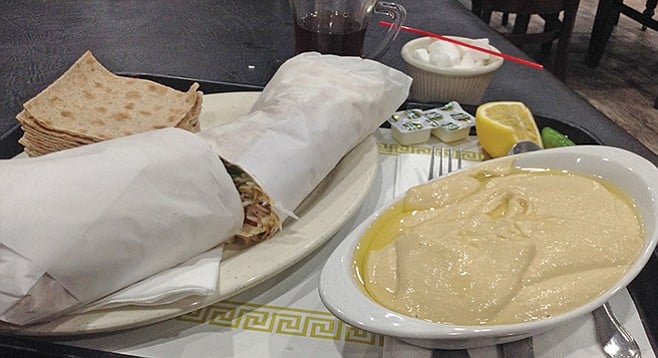 What $16.16 buys at Darband: chicken shish kebab wrap and hummus