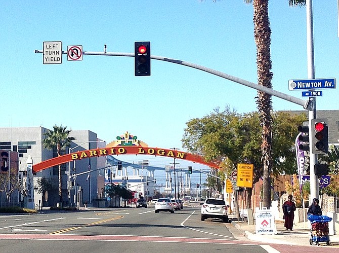 Barrio Logan's 16´6˝ gateway sign prevents some trucks from using Cesar Chavez Parkway.