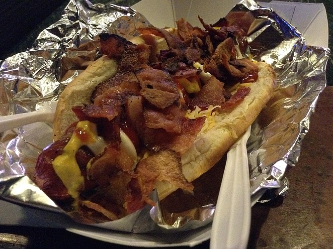 My $7 bacon dog from Café 505 @ Tivoli Bar — sweet, savory, crunchy.
