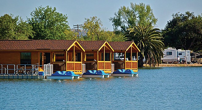 Santee Lakes floating cabins you can fish from.