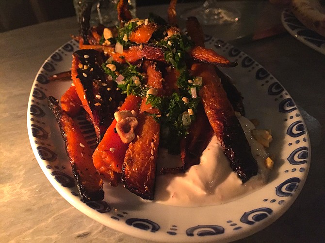 Roasted carrots, sweet with a nice char, served with nuts and yogurt. And Dominique-approved.