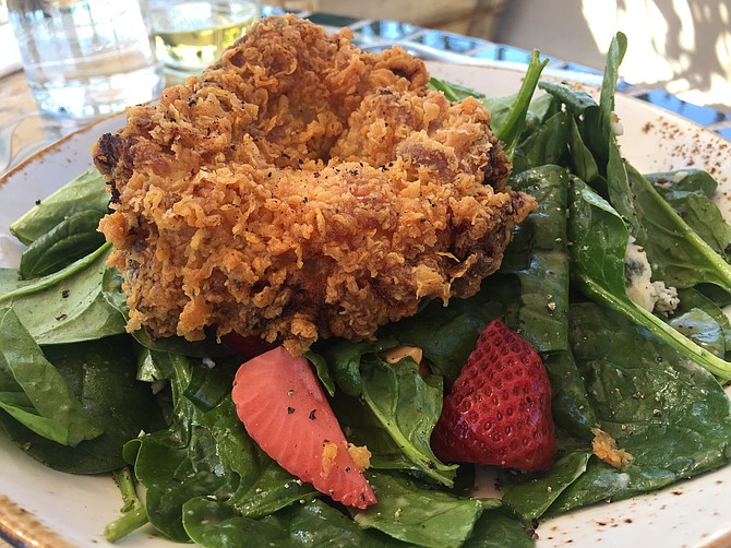 The salad of the day reflected the season by featuring strawberries. Buttermilk Fried Chicken was added for $8, which became the star of the dish.